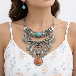 Boho Tribal Bib Necklace & Earring Set | Silver Fringe Statement